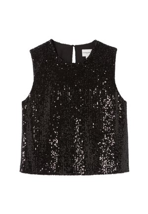 Top negro sin mangas cubierto de lentejuelas, con un cuello alto, un detalle de ojal en la parte posterior y un dobladillo recto. Forro interior suave.