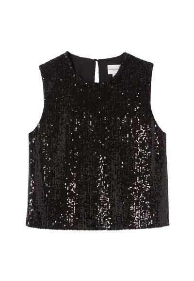 Top senza maniche nero, ricoperto di paillettes, con scollatura alta, dettaglio a chiave sulla schiena e orlo dritto. Fodera interna liscia.