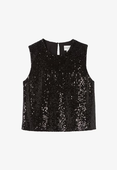 Haut sans manches noir couvert de paillettes, avec un col haut, un détail en trou de serrure au dos et un ourlet droit. Doublure intérieure lisse.