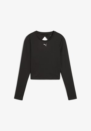 Top corto de manga larga en negro, hecho de tela suave con un escote redondo y detalle de abertura en forma de ojo de cerradura en la espalda. Presenta un pequeño logo blanco en el pecho.