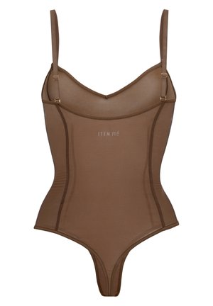 Brauner transparenter Bodysuit mit verstellbaren Trägern, tiefem V-Ausschnitt und tonalem Stich. Mit einem Markenlogo in der Mitte der Vorderseite.