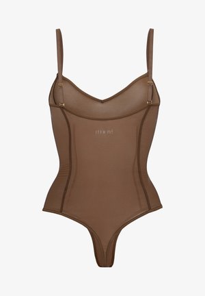 Brauner transparenter Bodysuit mit verstellbaren Trägern, tiefem V-Ausschnitt und tonalem Stich. Mit einem Markenlogo in der Mitte der Vorderseite.