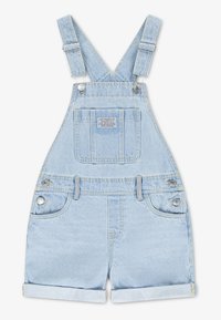 Φωτεινό μπλε τζιν σορτς ολόσωμο με ρυθμιζόμενες τιράντες, στρογγυλές μπροστινές τσέπες, ασημένια εξαρτήματα και γυρισμένη ραφή στους μηρούς.