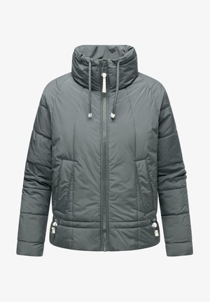 Pufová bunda v tmavošedej farbe, s vysokým golierom, zipsovým predným zapínaním, nastaviteľnou šnurkou a bočnými vreckami so zipsom. Hladká textúra látky.