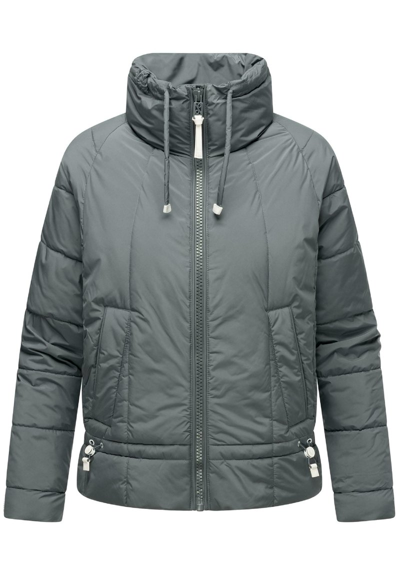 Giacca a vento imbottita di colore grigio scuro, con colletto alto, chiusura lampo frontale, cordino regolabile e tasche laterali con zip. Tessuto dalla texture liscia.