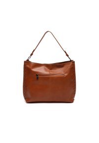 Ruda odinė hobo rankinė su tekstūriniu paviršiumi, turinti užtrauktuko kišenę ir kalvotu akcentu iš vienos pusės, su reguliuojama juosta.