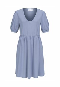 Ljusblå klänning med V-ringning, korta puffärmar, strukturerad ribbad tyg och A-linjeformad silhuett, med en figurnära bodice och utsvängd kjol.