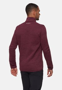 Pullover in pile color marrone con colletto alto, tessuto testurizzato e una cucitura orizzontale sul retro. Presenta il logo "MAMMUT" in bianco.