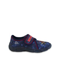 Marineblaue Slipper mit einer strukturierten Oberseite aus Stoff, roten Akzenten und einem gestickten Grafikdesign. Gummisohle und Klettverschluss.