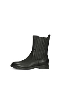 Botine negre din piele, cu panouri laterale elastice, vârf rotunjit și toc mic, cu un design minimalist.