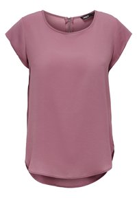 Blusa a maniche corte con scollo rotondo in un morbido tessuto malva, dotata di una cerniera sul retro discreta e un orlo leggermente curvato. Texture liscia.