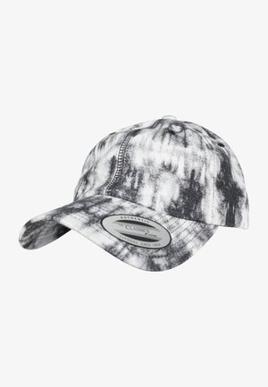 Svart og hvit tie-dye baseballcaps med buet skygge, sømdetaljer og et merke som er sydd på framsiden. Laget av bomull.