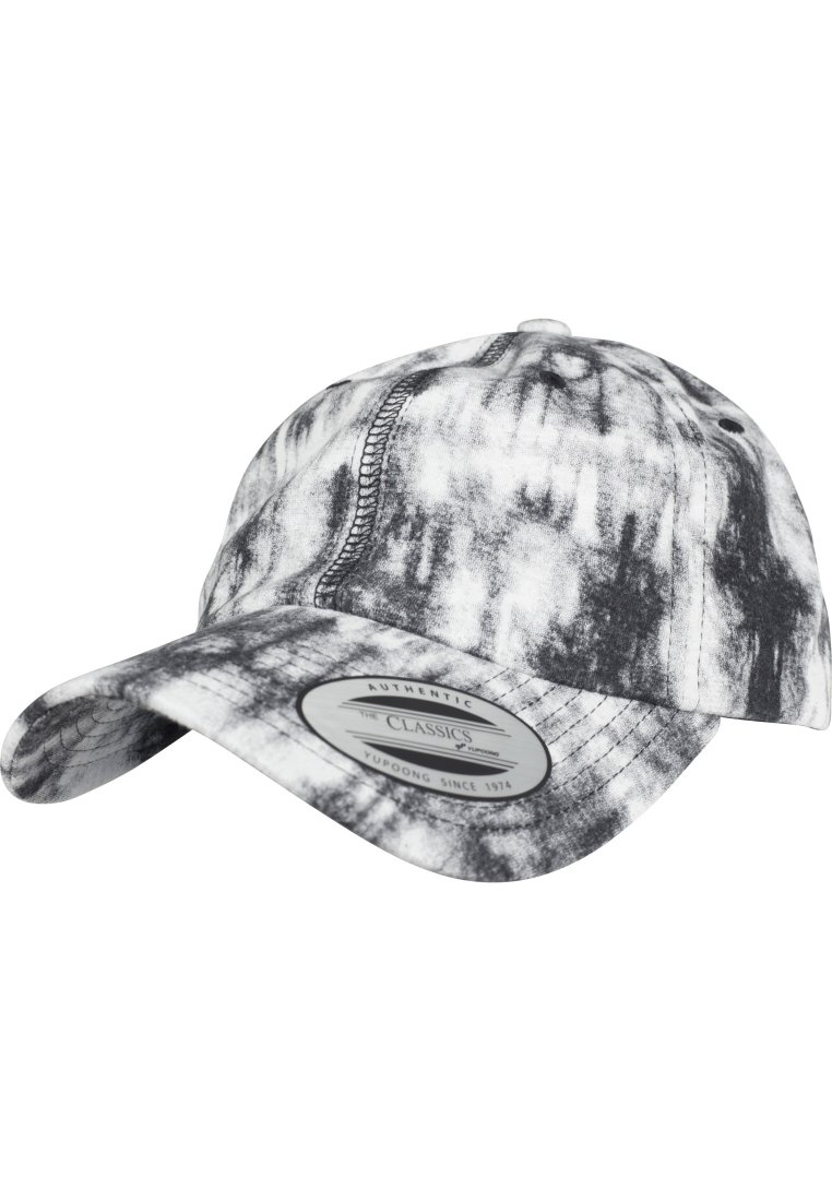 Căciulă de baseball tie-dye alb-negru cu o cusătură curbată, detalii cusute și un patch cu marcă pe față. Material din bumbac.
