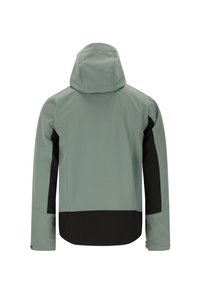 Veste résistante à l'eau de couleur vert clair, avec des panneaux noirs sur les côtés et une capuche. Texture lisse, coupe légèrement courte, style minimaliste.