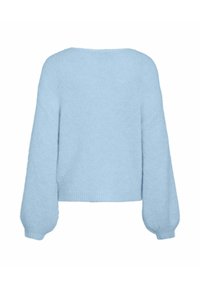 Pull court bleu clair avec manches longues ballon. Tissu doux et texturé avec un col large en forme de scoop et des poignets et ourlet côtelés.