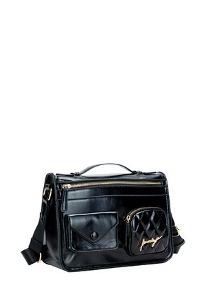 Czarna torebka crossbody z syntetycznej skóry z różnymi przegródkami, złotymi akcentami i pikowanym przednim kieszonką. W zestawie regulowany pasek.