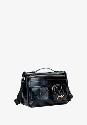 Czarna torebka crossbody z syntetycznej skóry z różnymi przegródkami, złotymi akcentami i pikowanym przednim kieszonką. W zestawie regulowany pasek.