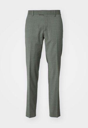 Pantalons slim-fit en tissu gris-vert clair, avec une texture subtile, des plis avant et une taille standard avec fermeture.