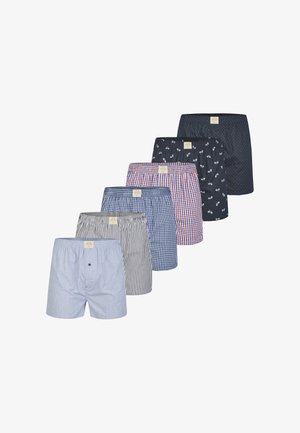 Kuusi paria miesten bokserihousuja eri kuoseissa: sinivalkoiset raidat, ruudullinen, yksivärinen tummansininen, jossa on pilkkuja, ja kukkakoristeita. Puuvillakangasta.