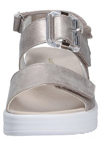 Gray suede sandal with two wide straps, adjustable buckle, and a white platform sole. Features a smooth, soft texture and minimal design.