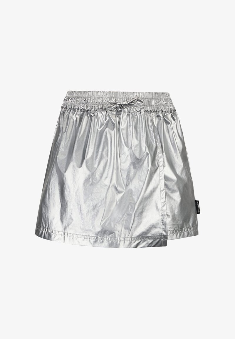 Gonna metallica argentata con elastico in vita e corde di regolazione. Presenta una texture liscia e riflettente e un design morbido.