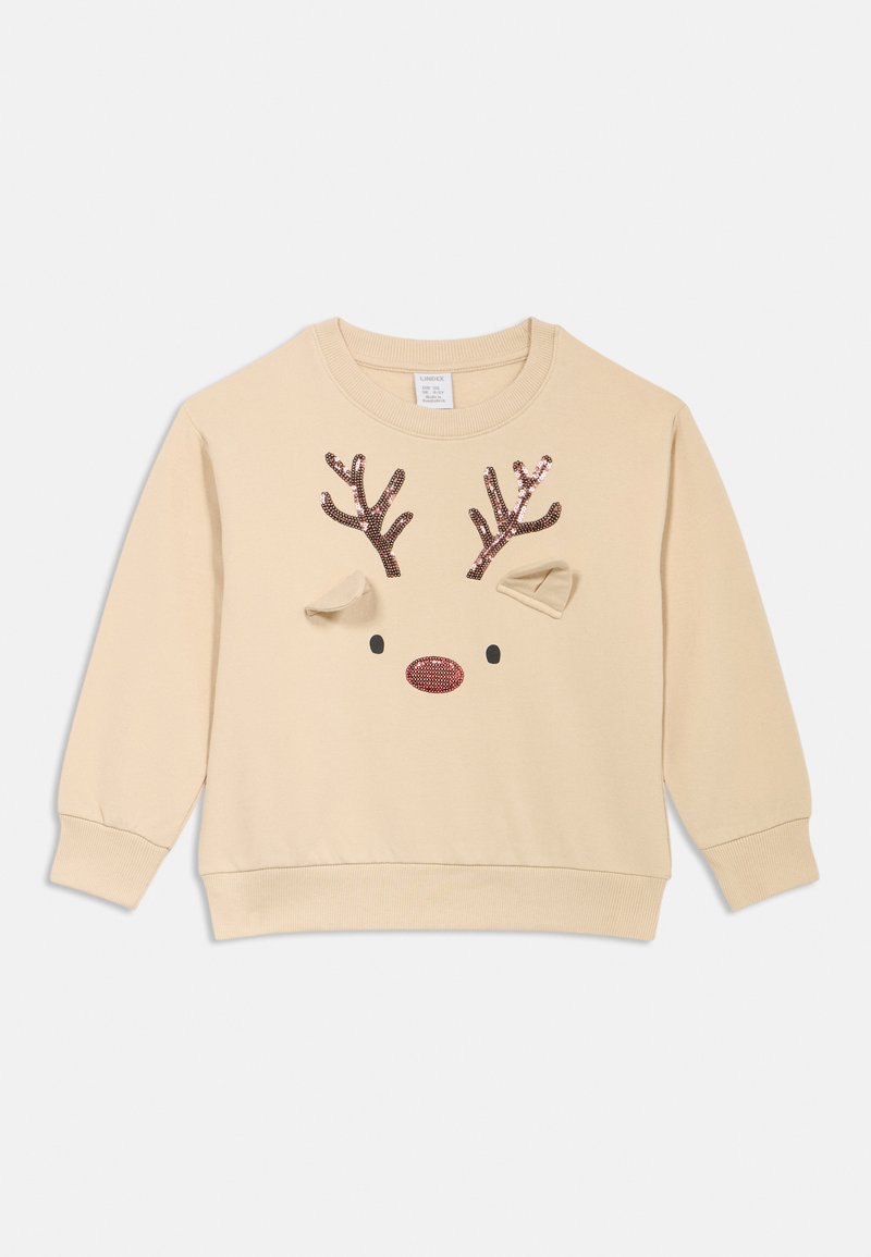 Beige sweatshirt met een design van een rendier gezicht. Voorzien van glinsterende hoorns, een rode neus en stoffen oren. Ribboorden aan de mouwen en onderkant.