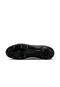 Black soccer cleat sole with a textured surface, circular studs, and green accents. Curved lines enhance traction and stability features.