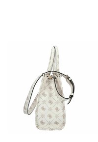 Witte designertas met beige monogram patroon, twee korte handvatten en één verstelbare schouderriem, zijaanzicht.