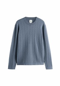 Light blue cable-knit sweater with a round neck and long sleeves, featuring textured patterns throughout and ribbed hem and cuffs.