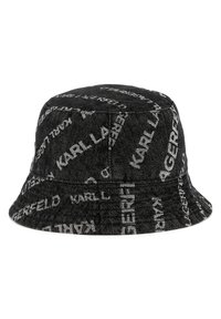 Zwarte bucket hat van gestructureerde stof, met een herhalend patroon van het witte "KARL LAGERFELD" logo. Ronde kroon en breed randontwerp.