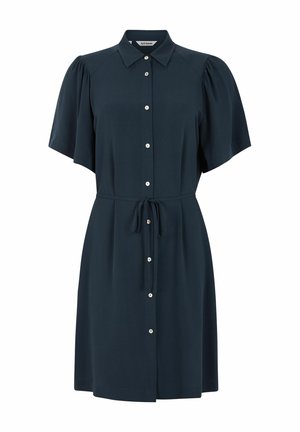 Dunkelblaues Kleid mit Kragen, kurzen Puffärmeln, Knopfverschluss und einem gebundenen Taillendetail. Glatte Stoffstruktur.