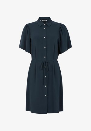 Tamsiai mėlyna suknelė su apykakle, trumpomis pūstomis rankovėmis, sagų uždarymu ir užrišamu liemeniu. Lygus audinio paviršius.