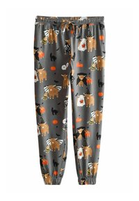 Pantalons de pyjama gris avec un motif d'Halloween comprenant des animaux, des citrouilles, des chauves-souris et des costumes dans des tons d'orange, de noir et de marron. Taille élastique.