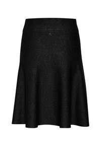 Jupe évasée noire en tissu texturé avec une large ceinture unie. L'ourlet est légèrement courbé, offrant une silhouette décontractée.