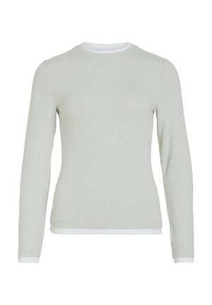 Helehall hall pikkade varrukatega ümmarguse kaelusega kampsun, millel on kitsas lõige ja valged kihilised ääred varrukate ja alaosas.