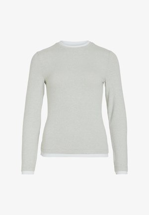 Helehall hall pikkade varrukatega ümmarguse kaelusega kampsun, millel on kitsas lõige ja valged kihilised ääred varrukate ja alaosas.