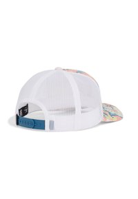 Bela mrežasta snapback kapa z barvnim cvetličnim vzorcem spredaj, ukrivljenim cela in nastavljivim modrim plastičnim trakom zadaj.