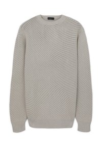 Maglione lavorato a maglia grigio chiaro con un motivo testurizzato e ondulato. Presenta un collo rotondo e polsini a coste. Realizzato in un tessuto traspirante.