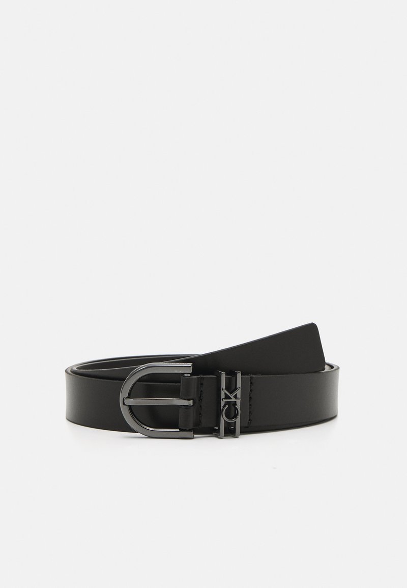 Black leather belt with a polished silver buckle featuring engraved logo, smooth texture, and a sleek, minimalist design.