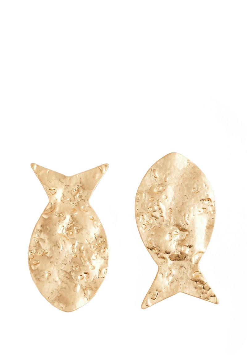 Gold-tone fish-shaped metal earrings with a textured surface, featuring one fish with a pointed tail and the other with a rounded tail.