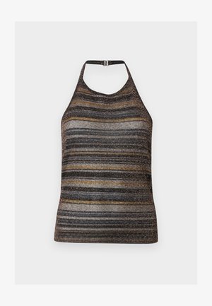 Halter neck metallic knit top with horizontal stripes in black, silver, and gold, featuring a back clasp closure.