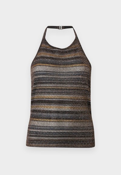 Μεταλλικό πλεκτό τοπ με λουράκι στον λαιμό και οριζόντιες ρίγες σε μαύρο, ασημί και χρυσό, με κλείσιμο πίσω.