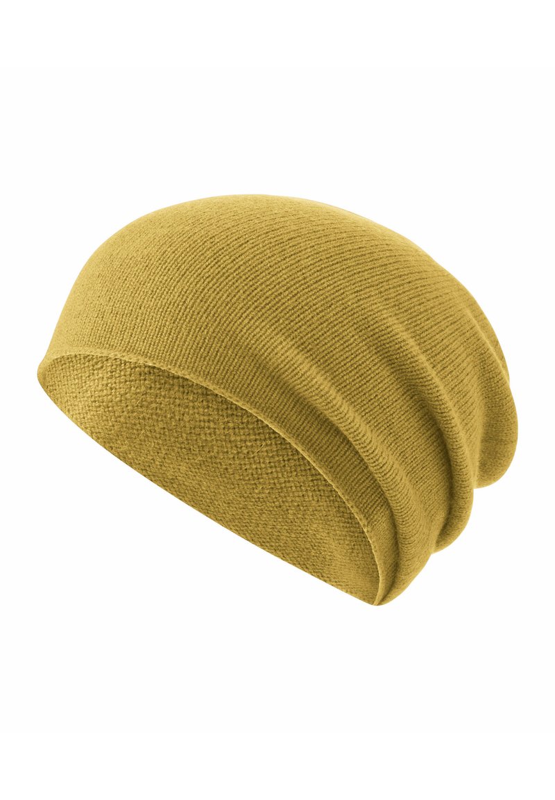 Beanie giallo realizzato in tessuto lavorato a maglia testurizzato. Presenta un design morbido con dettagli arricciati sul retro.