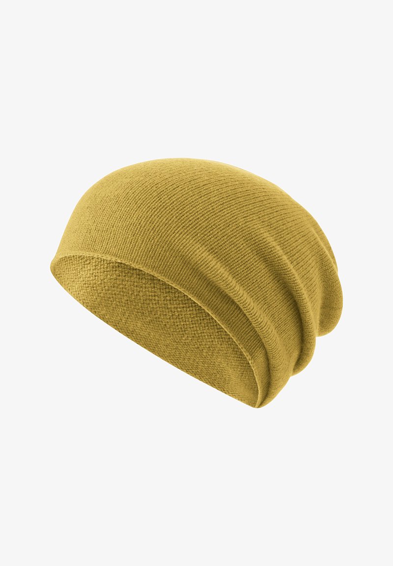 Beanie giallo realizzato in tessuto lavorato a maglia testurizzato. Presenta un design morbido con dettagli arricciati sul retro.