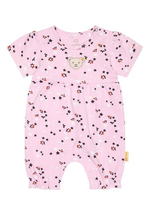 Combinaison bébé rose à manches courtes avec imprimés étoiles et fleurs noirs et blancs, ouvertures élastiques aux jambes, et patch visage d'ours en peluche sur la poitrine.