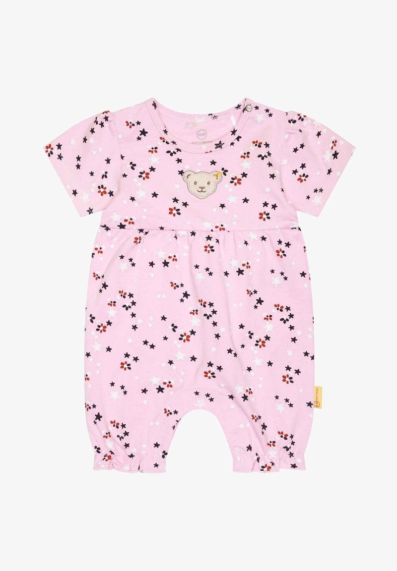 Combinaison bébé rose à manches courtes avec imprimés étoiles et fleurs noirs et blancs, ouvertures élastiques aux jambes, et patch visage d'ours en peluche sur la poitrine.