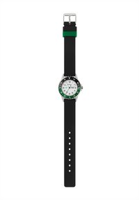 Orologio rotondo con cassa in acciaio inox, quadrante bianco, lunetta nera, dettagli verdi e cinturino in silicone nero. Presenta indici delle ore numerati.