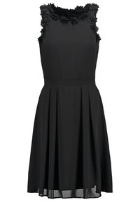 Robe noire sans manches avec taille cintrée, jupe plissée longueur genou et détails d'applications florales autour du décolleté et des emmanchures.