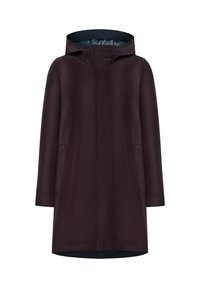 Cappotto impermeabile bordeaux con cappuccio, maniche lunghe, zip frontale, tasche laterali e una consistenza liscia. Foderato con un interno blu a contrasto.