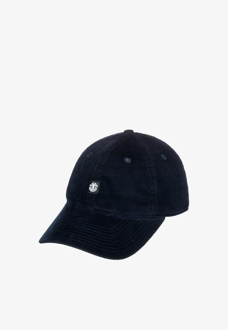 Casquette en velours côtelé bleu foncé avec une visière courbée, comportant des détails de couture et un petit écusson logo à l'avant. Finition en tissu texturé.
